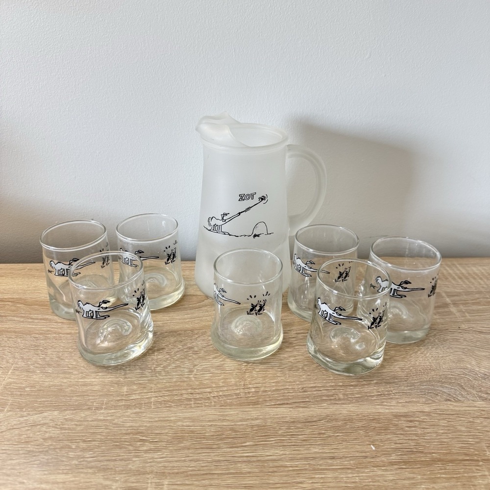 VTG BC Caveman 1970s Comics‎ Clear Glass Pitcher & 6 Juice Glass Set (QQ)